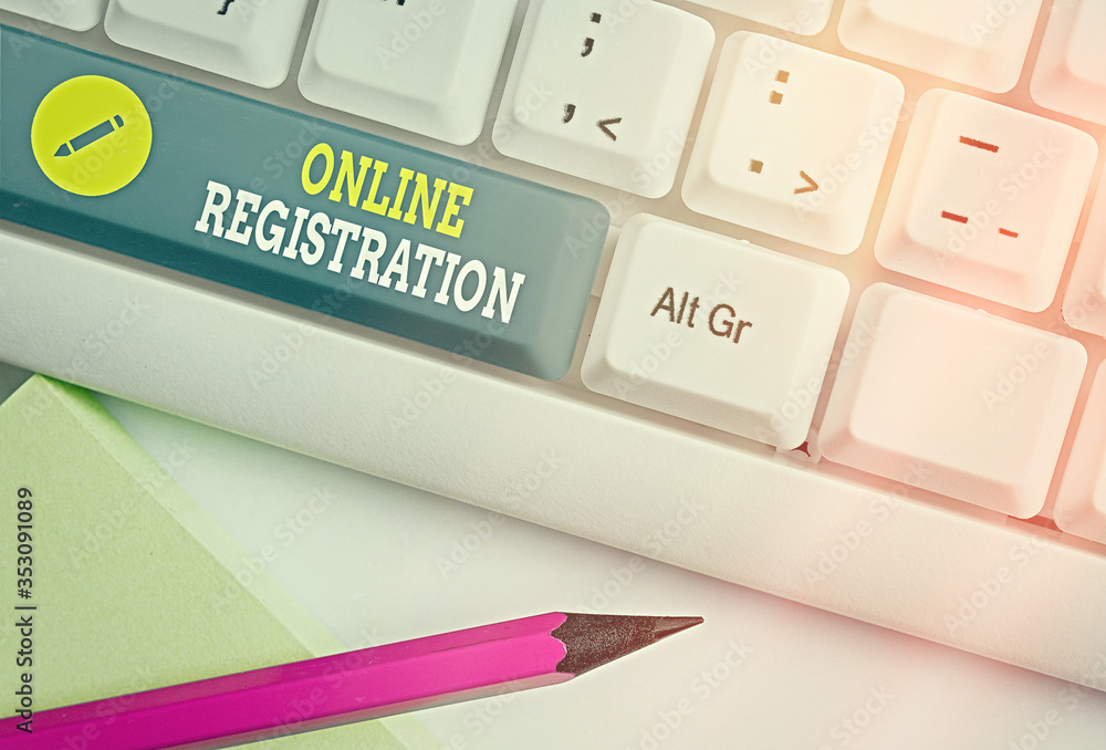 Poster word writing text online registration. business photo showcasing system for subscribing or registeri