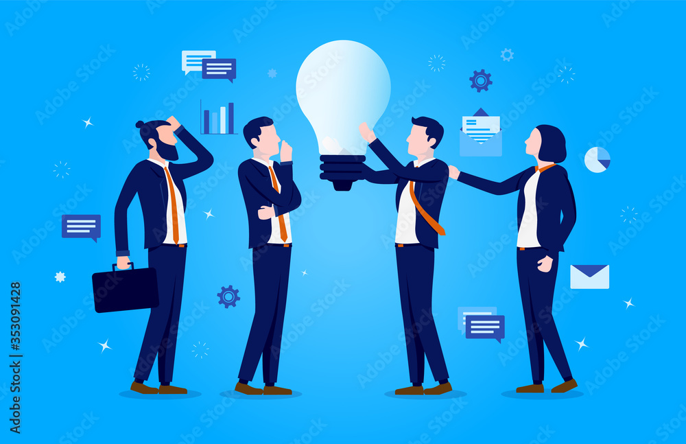 Leinwandbilder working with ideas - four people working with a big light bulb, contemplating and thinking in team. 