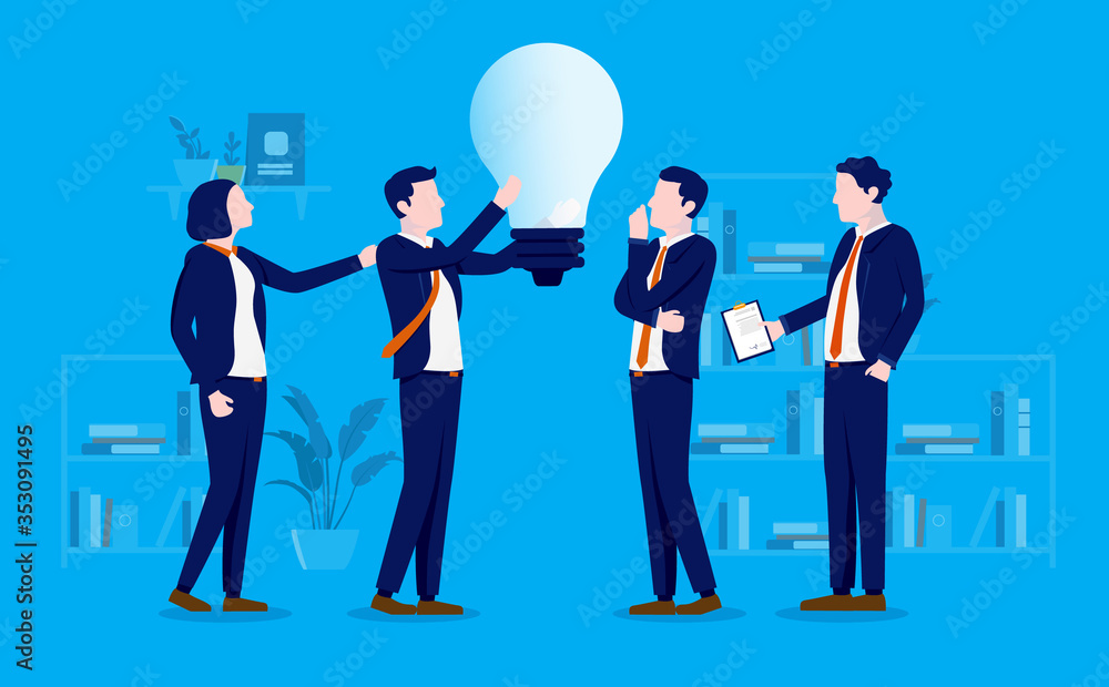 Aufkleber Brainstorming - Four businesspeople working in team coming up with a bright and big idea in office. Teamwork, planning, discussing, contemplating and progress concept. Vector illustration.