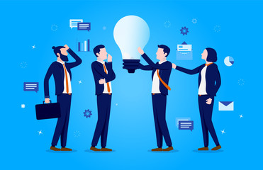 Working with ideas - Four people working with a big light bulb, contemplating and thinking in team. Idea work, brainstorm and teamwork concept. Vector illustration.