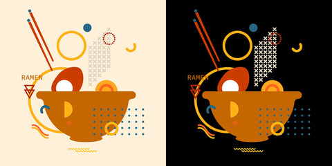 Bowl of ramen noodles soup with a pair of chopsticks icon thin line for web and mobile, modern minimalistic flat geometric memphis design. Clip art for menu, poster, print, banner