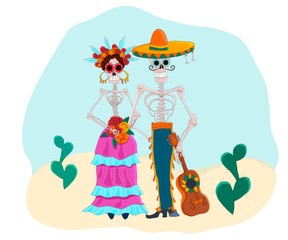 Day of the Dead vector illustration. Cartoon mexican characters, senor and senorita.