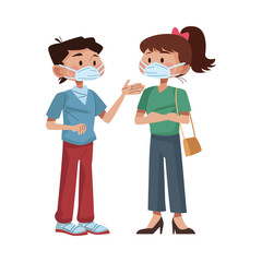 Fototapeta premium young couple using medical masks characters