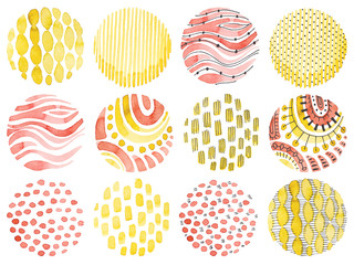 Set of round isolated watercolor textures. Ornament drawn on paper by hand. Pink, yellow, golden doodle elements on a white background.
