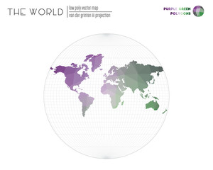 World map in polygonal style. Van der Grinten III projection of the world. Purple Green colored polygons. Beautiful vector illustration.