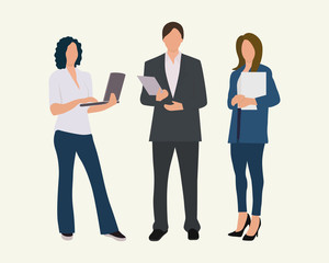 Obraz premium A man and two women. People at work. Vector characters, flat icon, isolated on white background.