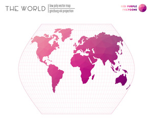 Low poly design of the world. Ginzburg VIII projection of the world. Red Purple colored polygons. Modern vector illustration.