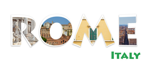 Collage with word Rome from photographs of various popular places in Rome, Italy. Good for travel blogs, articles and etc. 
