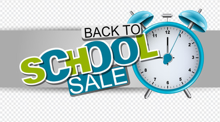 Back to school sale banner with realistic blue retro alarm clock. Header for website or shopping discount offer. Vector illustration.