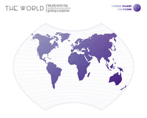 World map in polygonal style. Ginzburg IX projection of the world. Purple Shades colored polygons. Contemporary vector illustration.