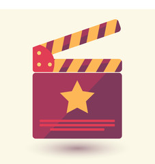 Fototapeta premium Clapperboard vector illustration isolated on yellow color background. Flat style clapperboard icon, slapstick icon, filmmaking device, video movie clapper equipment. Cartoon illustration.