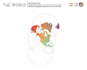 Abstract geometric world map. Modified stereographic projection of the world. Spectral colored polygons. Trending vector illustration.