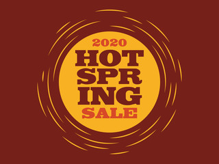 Hot spring sale 2020 icon, background with lettering and sun. Seasonal discount. Template for banners, web, flyer, voucher. Vector illustration.