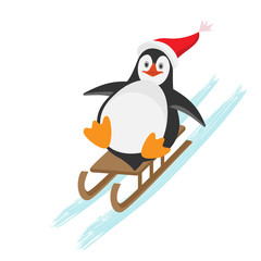 Funny Christmas penguin sledding  down winter hills. Flat Vector  cartoon isolated  illustration with texture. Can be used as postcards, posters, greeting cards