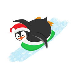 Funny Christmas penguin is sledding down winter  hills. Flat Vector  cartoon isolated  illustration. Can be used for postcards, posters, greeting cards