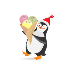 Funny cartoon penguin with an ice cream.Colorful vector isolated  illustration in flat style with texture.
