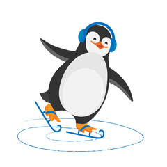 Stock vector flat funny cartoon Christmas penguin is skating on ice.Vector isolated illustration.