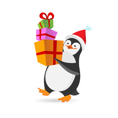 Stock vector funny Christmas penguin is carrying a stack of big colorful gift boxes