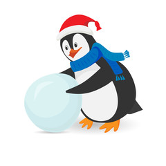Funny Christmas penguin with snowball. Flat Vector  cartoon isolated  illustration. Can be used for postcards, posters, greeting cards.