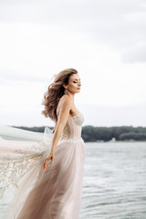Fototapeta na wymiar beautiful girl in a flying pink dress on the beach with sea view. dress flies in the wind