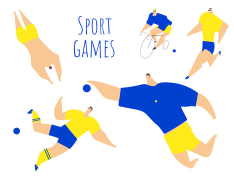 Sport. 
Modern vector illustration with soccer player, basketball player, swimmer, cyclist for poster, banner, print, design, postcard, sticker.