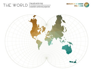 Abstract world map. Eisenlohr conformal projection of the world. Brown Blue Green colored polygons. Elegant vector illustration.