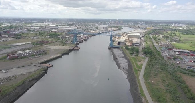 The iconic Middlesbrough Transporter Bridge that crosses the River Tees between Stockton and Middlesbrough.
