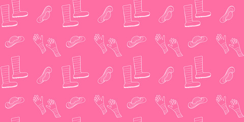 Seamless trendy pattern of hand-drawn light contour gloves, hats and flat boots on a coral background. Endless texture of fashionable women's accessories. Vector.