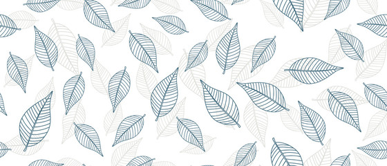 Blue leaves seamless background on white background. Vector illustration.