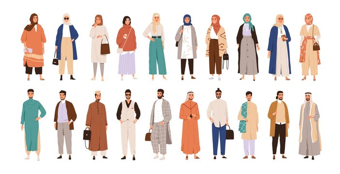 Set of arabic man and woman in hijab vector flat illustration. Collection of stylish muslim business person, male and female in trendy clothes isolated on white. Saudi people in traditional outfit