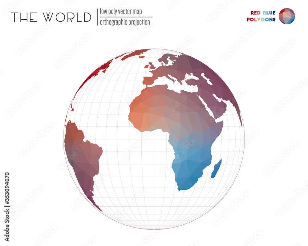 Poster vector map of the world. orthographic projection of the world. red and blue colored polygons. beauti