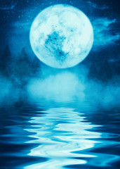 Naklejka na ściany i meble Reflection of the full moon on the water. Dark dramatic background. Moonlight, smoke and fog