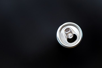 Flat lay of aluminum Can opened on black background with copy space