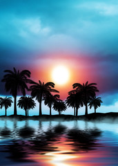 Plakat Tropical sunset with palm trees and sea. Silhouettes of palm trees on the beach against the sky with clouds. Reflection of palm trees on the water.