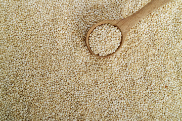 Top view organic quinoa in wooden spoon on background quinoa grain.