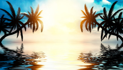 Fototapeta na wymiar Tropical sunset with palm trees and sea. Silhouettes of palm trees on the beach against the sky with clouds. Reflection of palm trees on the water.