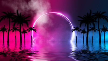 Silhouettes of tropical palm trees on a background of abstract background with neon glow. Reflection of palm trees on the water. 3d illustration