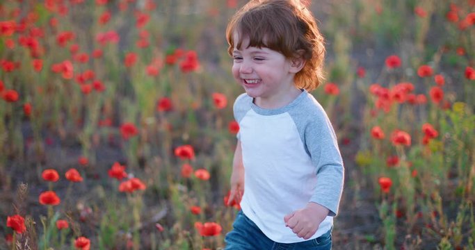 Happy 2 year old boy running across poppies field to mom and younger sister