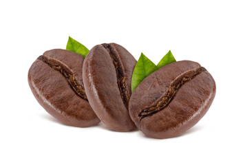 Roasted coffee beans with coffee leaves studio shot isolated on white background long banner, Healthy products by organic natural ingredients concept