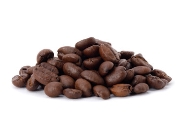 Roasted coffee beans studio shot isolated on white background, Healthy products by organic natural ingredients concept