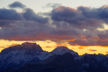 Naklejka na ściany i meble Sunset alpine landscape in the Dolomites, Italy, Europe