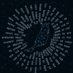 Fuerteventura digital map. Binary rays radiating around glowing island. Internet connections and data exchange design. Vector illustration.