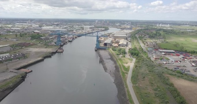 The iconic Middlesbrough Transporter Bridge that crosses the River Tees between Stockton and Middlesbrough.
