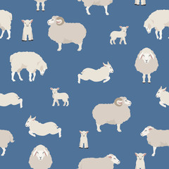 Sheep poses seamless pattern. Farm animals set. Flat design