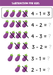 Subtraction game with cartoon eggplants. Educational worksheet.