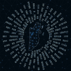 Belize digital map. Binary rays radiating around glowing country. Internet connections and data exchange design. Vector illustration.