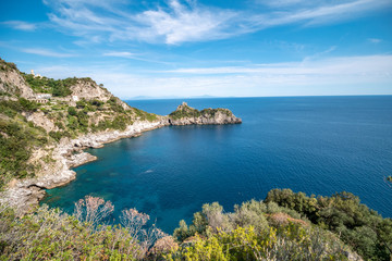 Promontory and tower of Capo di Conca in the municipality of Conca dei Marini. Coastal tower on the mediterranean sea. Amalfi Coast, Salerno, Campania, Italy