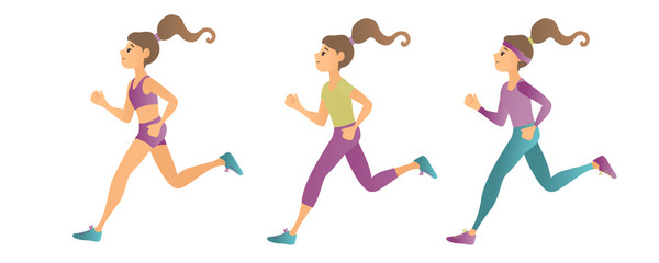 set of running girls in different seasons. Vector illustration on white background.