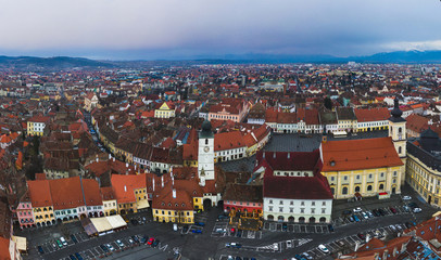 Fototapeta na wymiar Wide panorama of Sibiu city, city center of Sibiu at evening twilight time