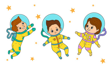 Set of vector astronaut kids. Girls and boys in astronaut costume flies